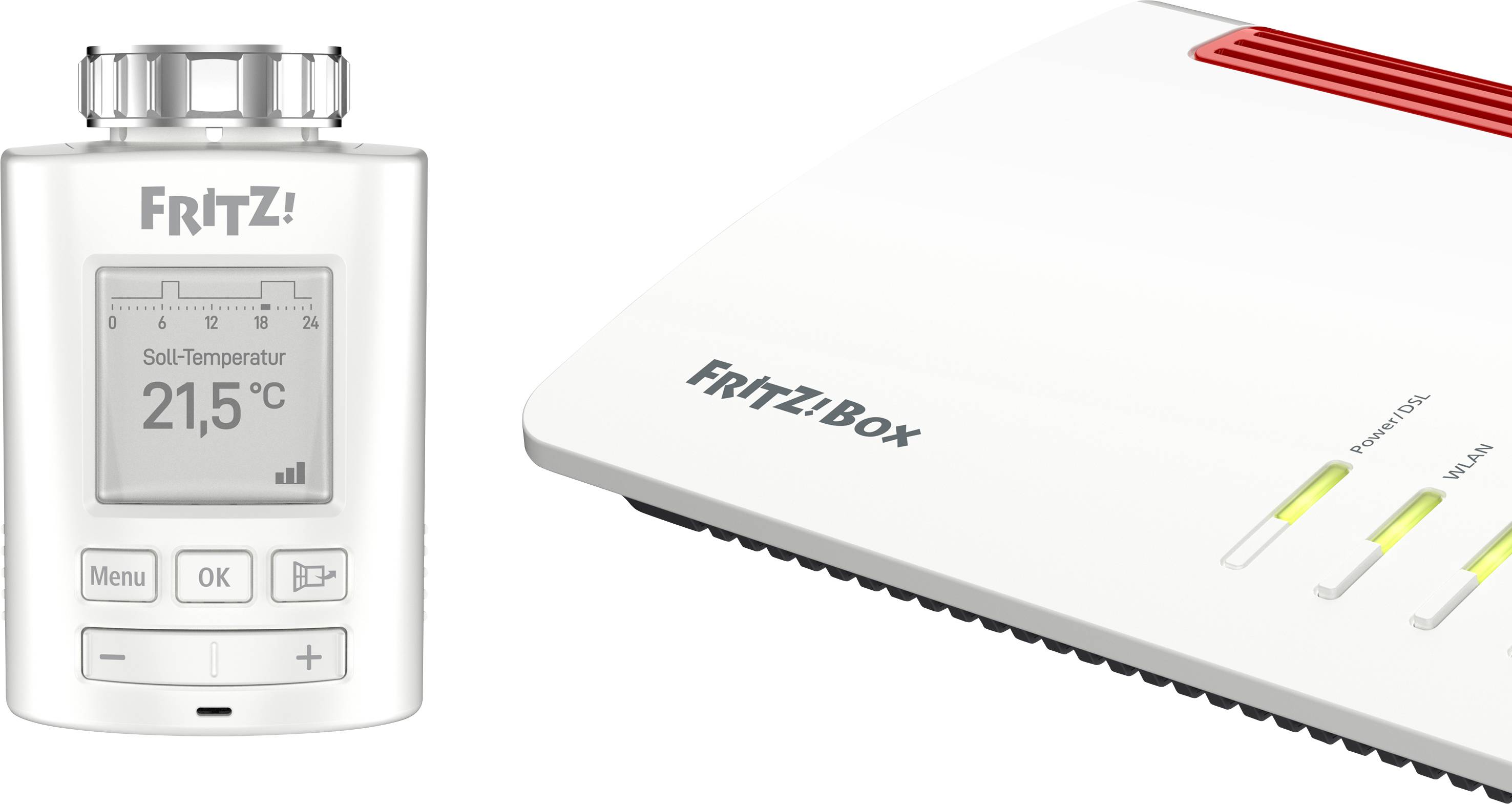 Router FRITZ!Box e display digitale di un sensore FRITZ! che mostra la temperatura del suolo di 21,5°C.