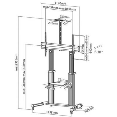 Un supporto TV regolabile con ruote e supporti di montaggio regolabili in altezza. Dimensioni: altezza max 2315mm, larghezza 1138mm, profondità 700mm.