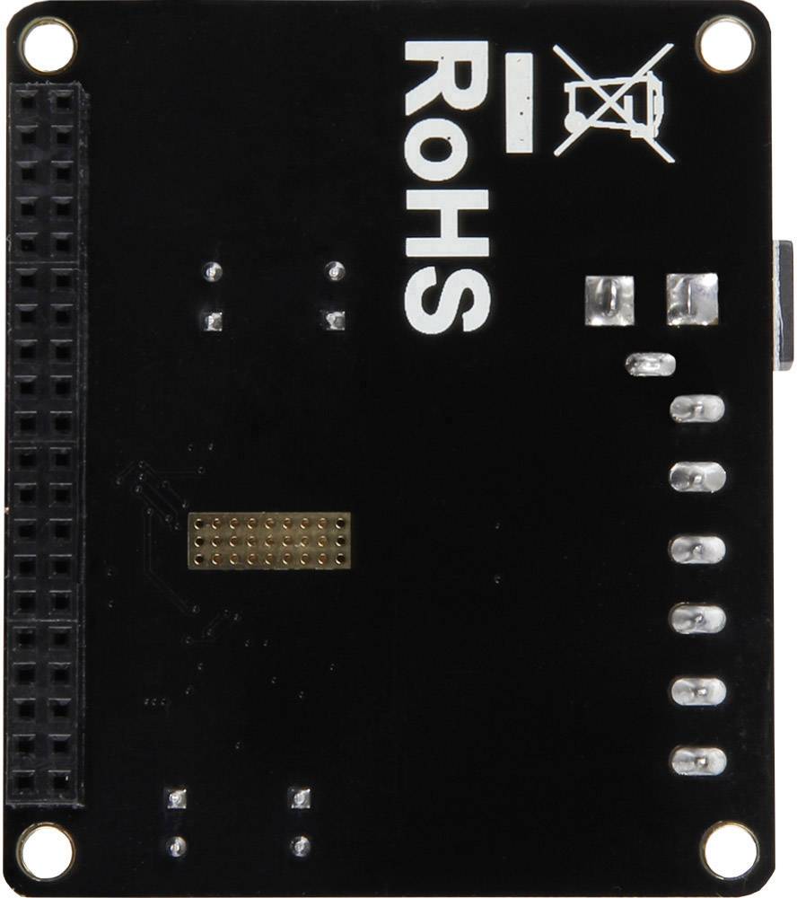 Scheda elettronica nera con testo bianco 'RoHS' e diversi connettori.