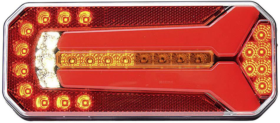 Fanale posteriore rosso rettangolare di un veicolo con LED illuminati in schemi circolari e lineari.