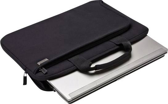 Una borsa nera per laptop con un computer portatile parzialmente fuoriuscente. La borsa ha manici e una cerniera.