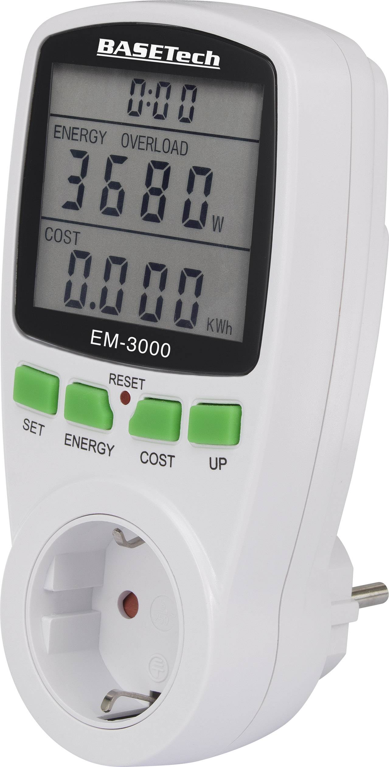 Un dispositivo bianco per misurare i costi energetici mostra un'indicazione del consumo energetico di '3680 W' su un display digitale.