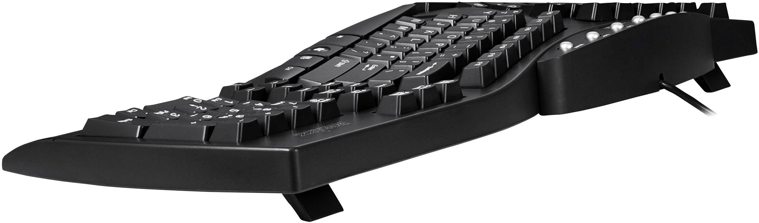 Tastiera ergonomica nera con design diviso per una posizione delle mani comoda. Ideale per digitare a lungo senza affaticamento.