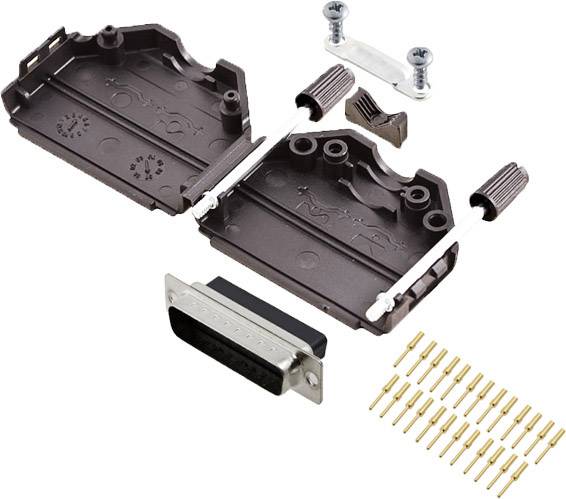 Kit per alloggiamento connettore DB-25 con vista dell'involucro aperto, viti, morsetti e pin. Componenti elettroniche di connessione.
