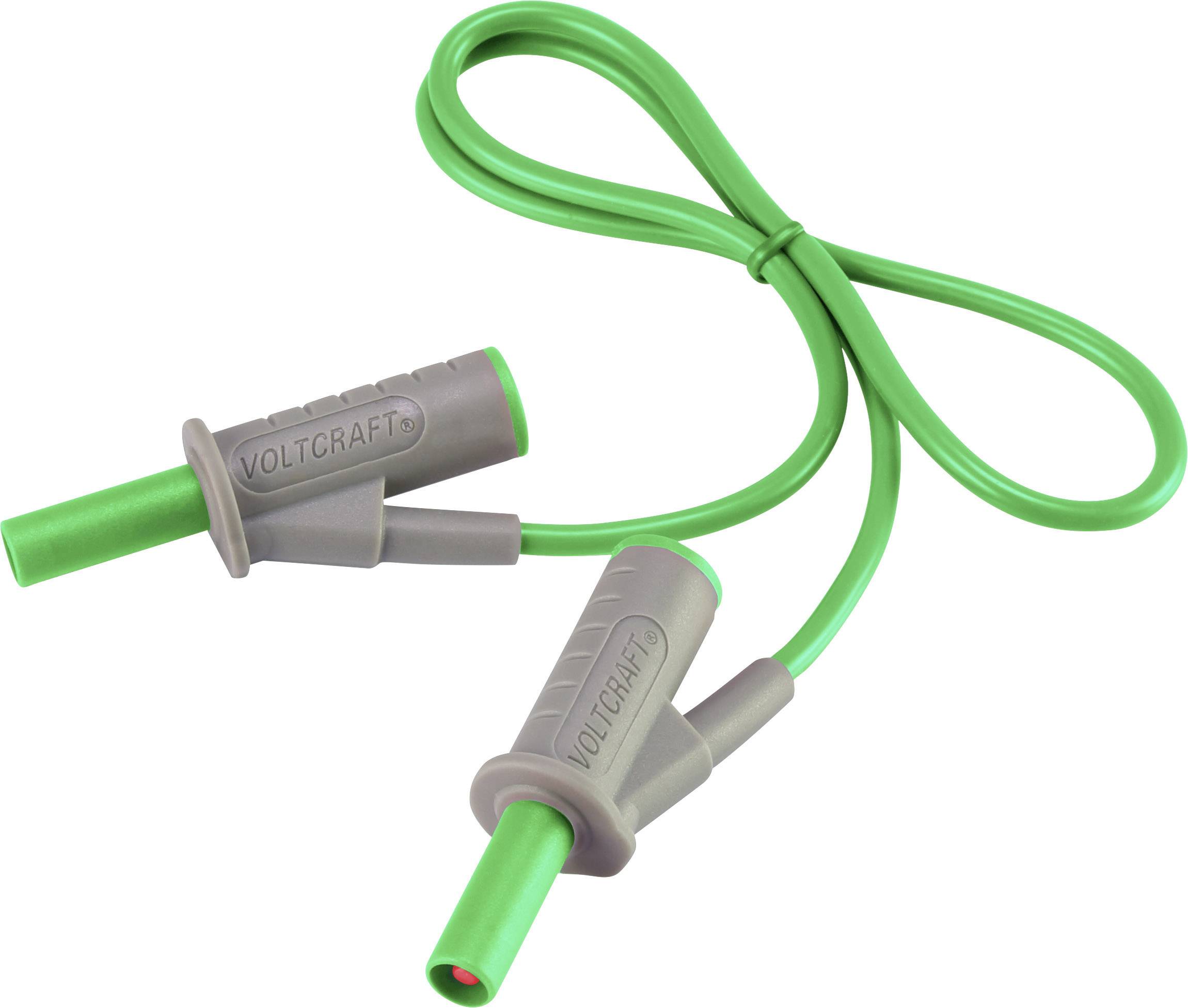 Un paio di cavi di prova verdi della marca Voltcraft con impugnature grigie, adatti per strumenti di misurazione elettrici.