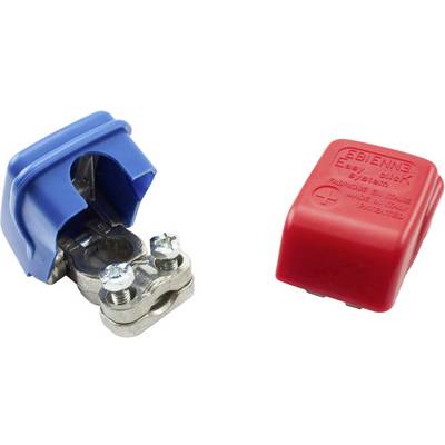 Due morsetti di batteria: a sinistra un morsetto metallico argentato con coperchio blu, a destra un cappuccio protettivo rosso con scritta.