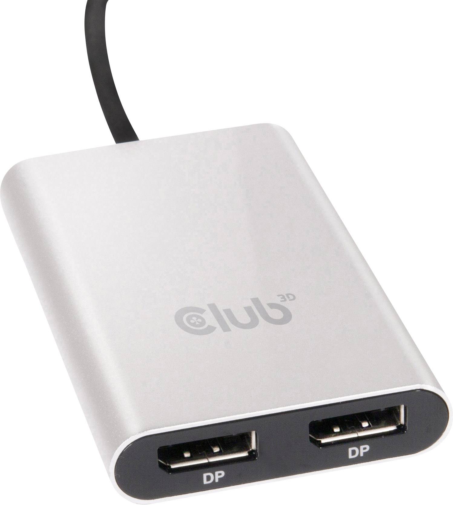 Un adattatore argentato con due porte DisplayPort, con il logo del marchio visibile. È utilizzato per collegare dispositivi con porte DisplayPort.