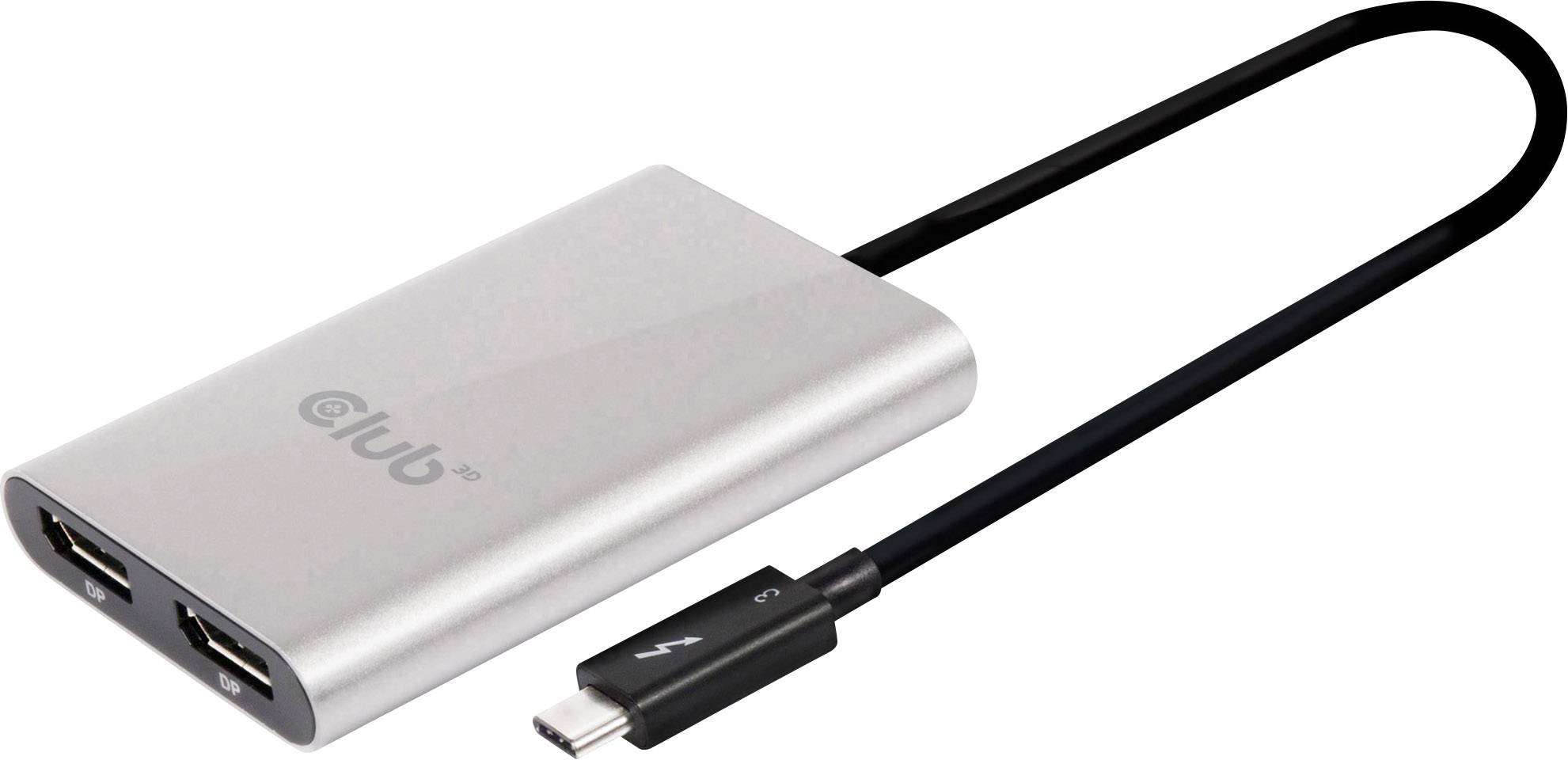 Adattatore da USB-C a HDMI con due porte HDMI e un cavo USB-C, con custodia argentata. Consente il collegamento di due display HDMI.