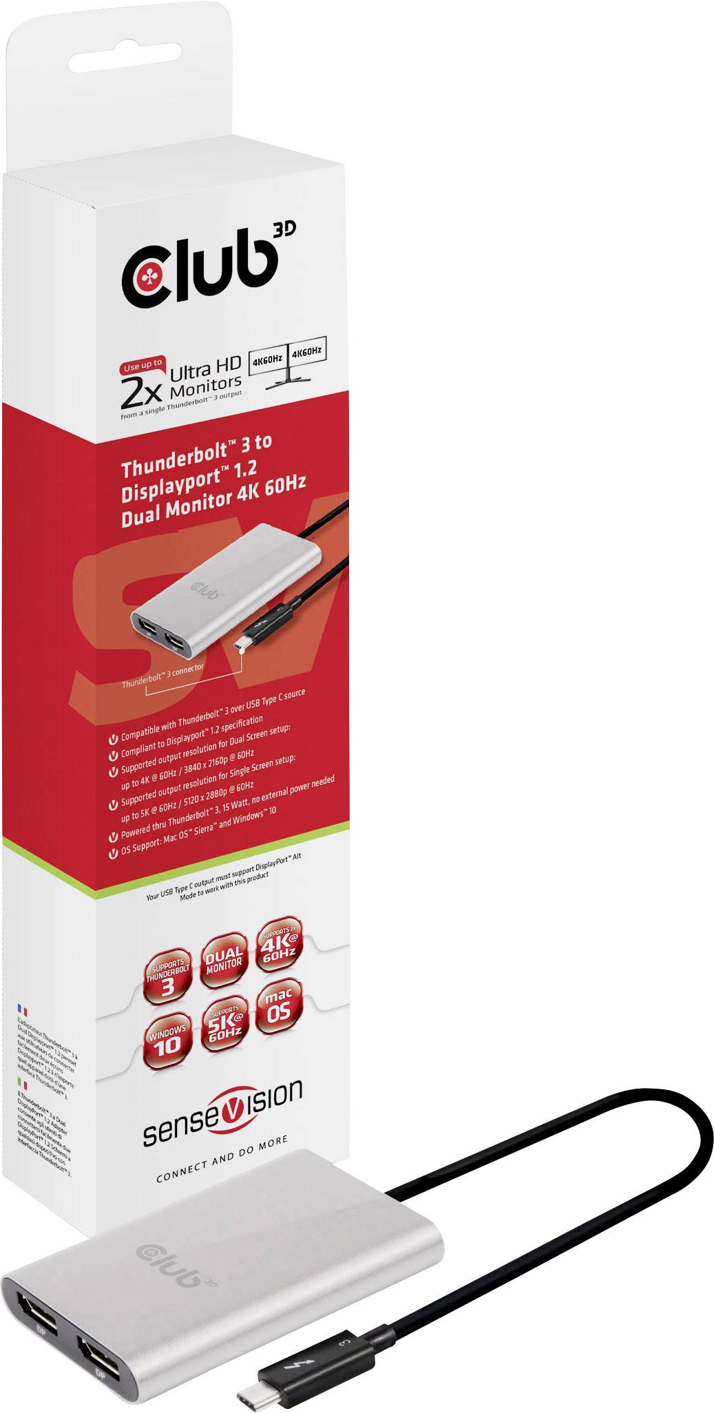 Adattatore da Thunderbolt 3 a DisplayPort 1.2 di Club 3D per collegare due monitor UHD a un laptop. Immagine della confezione.