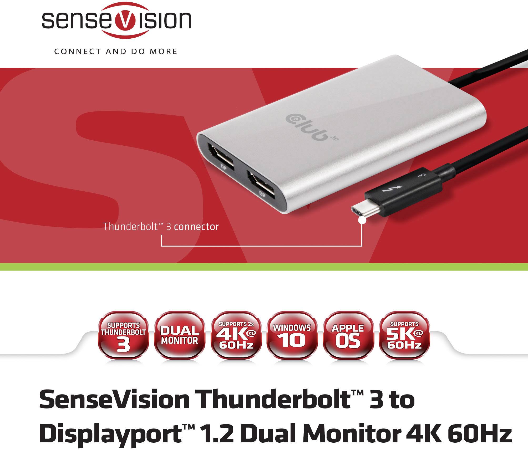 Adattatore Club3D 'SenseVision Thunderbolt 3 su Displayport 1.2 Dual Monitor 4K 60Hz', compatibile con Thunderbolt 3 e Windows 10.