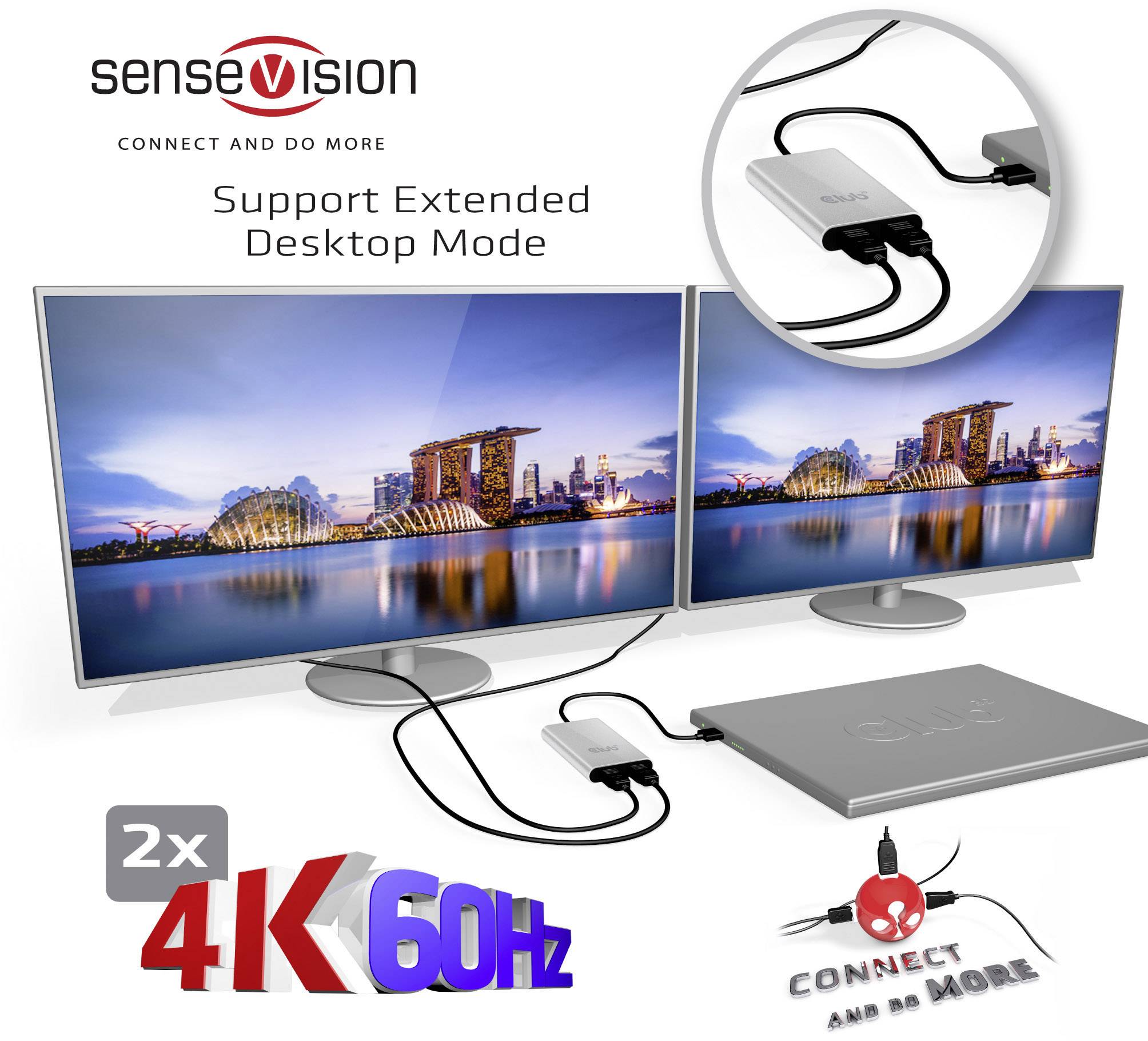 'Visualizzazione doppio monitor con 4K 60Hz. Laptop collegato a due monitor. Il prodotto supporta la modalità desktop esteso.'