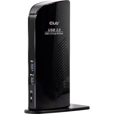 Una stazione di aggancio USB 3.0 nera con doppio 4K, con porte laterali per USB e audio, in posizione verticale.