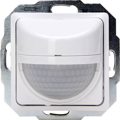 Un rilevatore di movimento bianco in una cornice quadrata di metallo, rileva i movimenti attraverso un sensore bombato sulla parte anteriore.