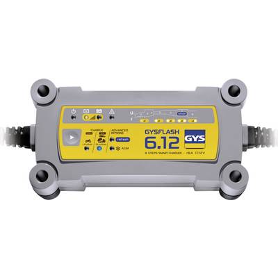 Caricabatterie con display giallo, che mostra 'GYSFLASH 6.12'. Diverse opzioni di ricarica per auto e motociclette, indicazione 12V.