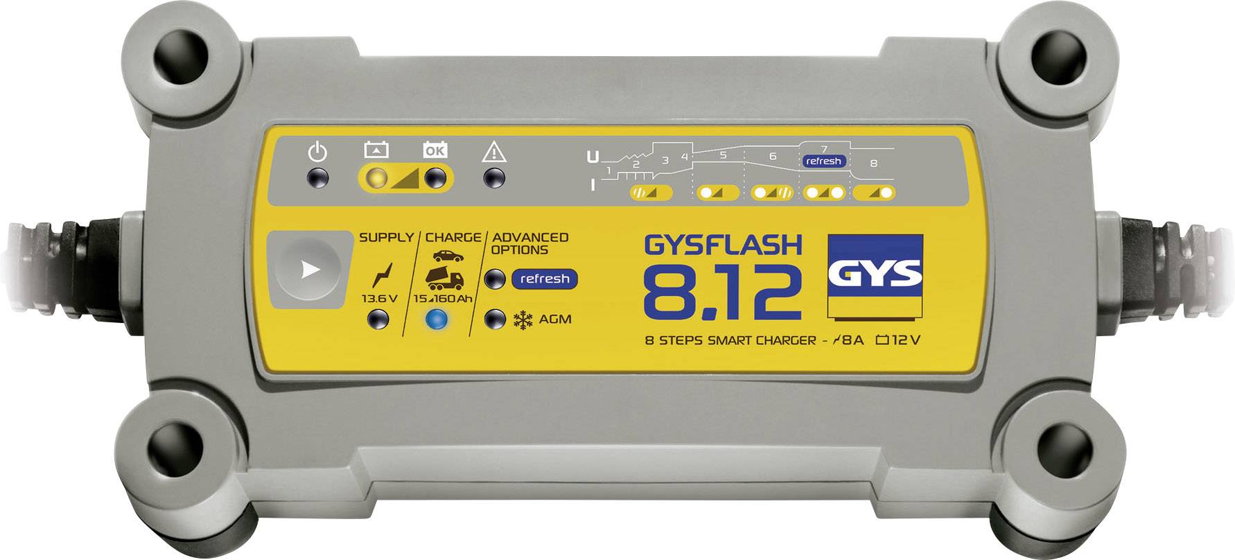 Caricabatterie per auto GYSFLASH 8.12 su sfondo grigio con parte anteriore gialla. Mostra indicatori di modalità e stato, nonché opzioni di connessione.