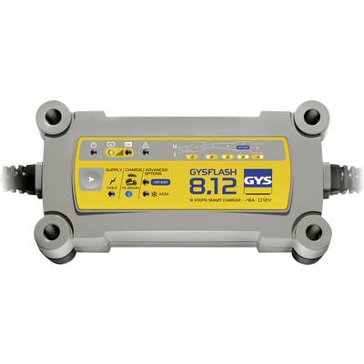 Caricabatterie per auto GYSFLASH 8.12 su sfondo grigio con parte anteriore gialla. Mostra indicatori di modalità e stato, nonché opzioni di connessione.