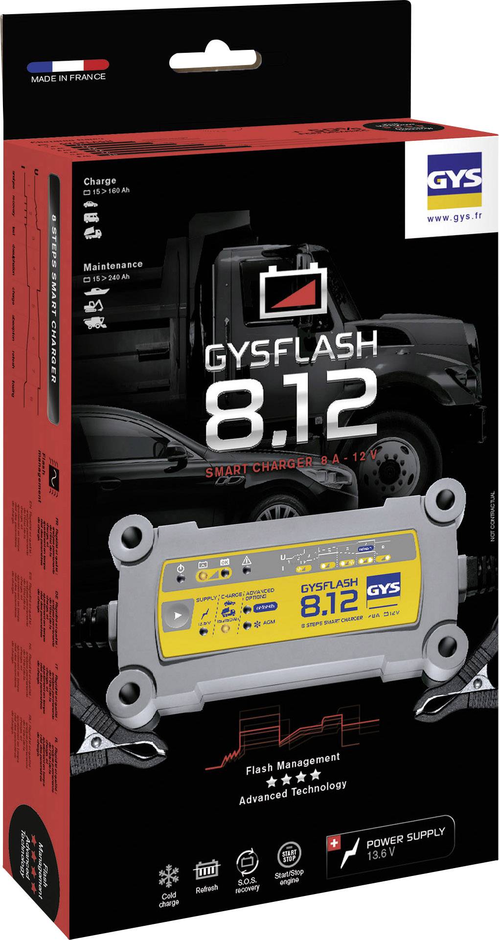 Caricabatterie 'GYSFLASH 8.12' Confezione con foto di un veicolo sullo sfondo. Adatto per batterie da 12V, tecnologia avanzata.