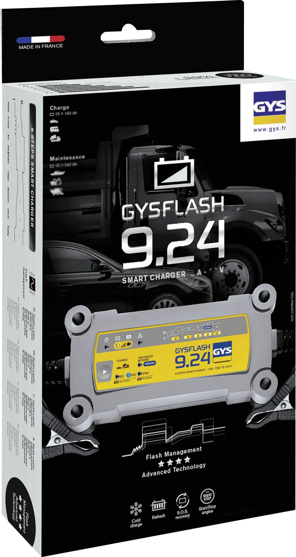 Un design di packaging per il caricabatterie intelligente GYSFLASH 9.24, che mostra il dispositivo e simboli delle sue funzioni di carica e manutenzione.