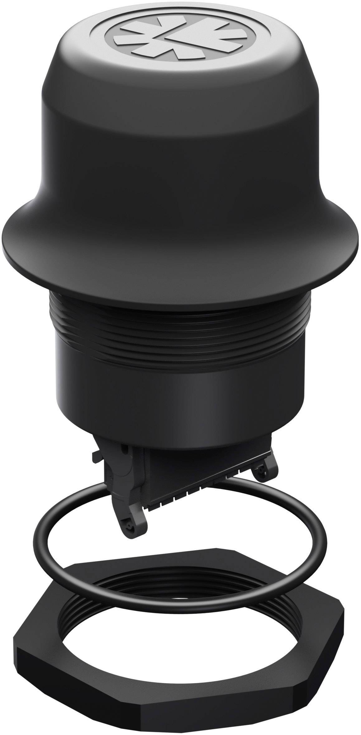 Connettore elettrico nero, cilindrico, in plastica, con anelli e filettatura. Utilizzato in dispositivi elettronici.