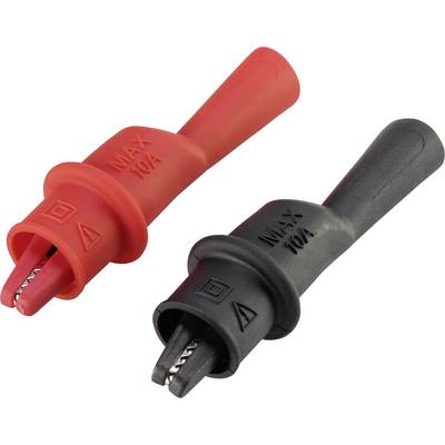Due morsetti a coccodrillo, uno rosso e uno nero, con portata di corrente massima di 10A, utilizzati per il collegamento sicuro di circuiti elettrici.