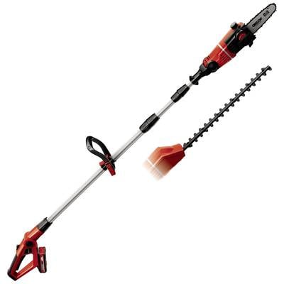 Una macchina da giardino rossa, telescopica, con due accessori: in alto una motosega, in basso un tagliasiepi.