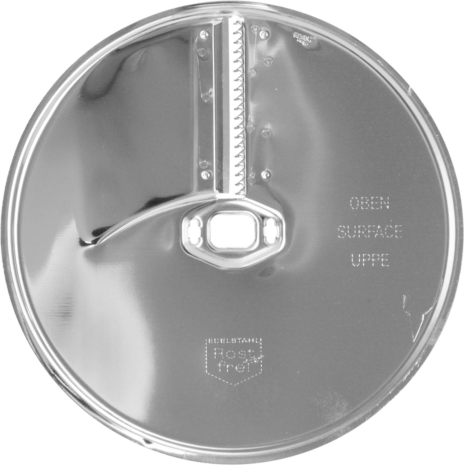 Coperchio di una scatola di conserva con sistema di apertura ad anello integrato. Stampa: 'ALTO', 'SUPERFICIE', 'SOPRA'. Acciaio inossidabile e indicazione di resistenza alla ruggine.