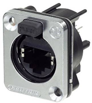 Illustrazione di un connettore di rete rettangolare con involucro nero in plastica e bordo argentato, utilizzato per connessioni audio.