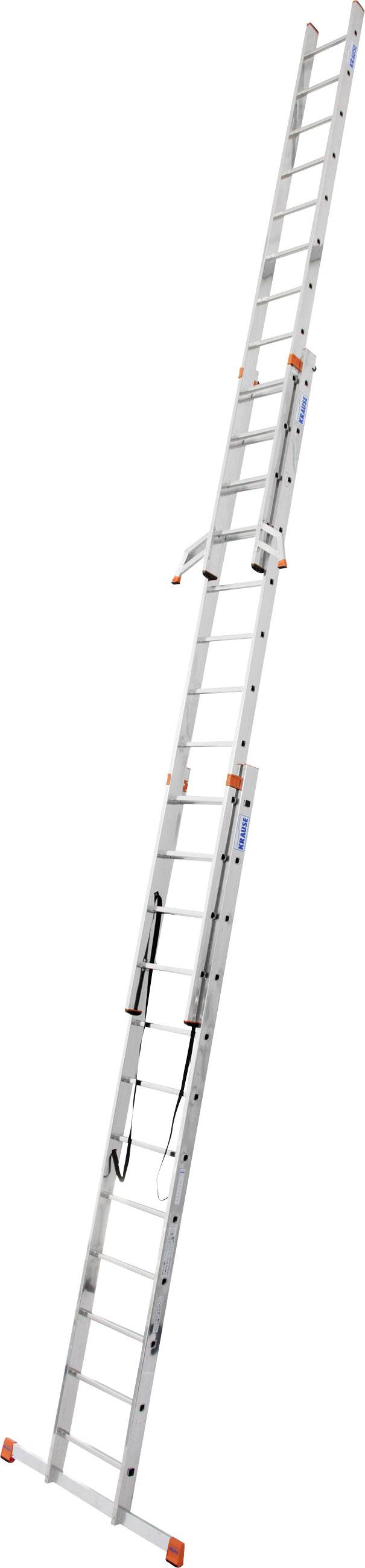 Una lunga scala in alluminio estensibile con più segmenti, adatta per lavori in altezza, è posizionata in modo inclinato su uno sfondo bianco.
