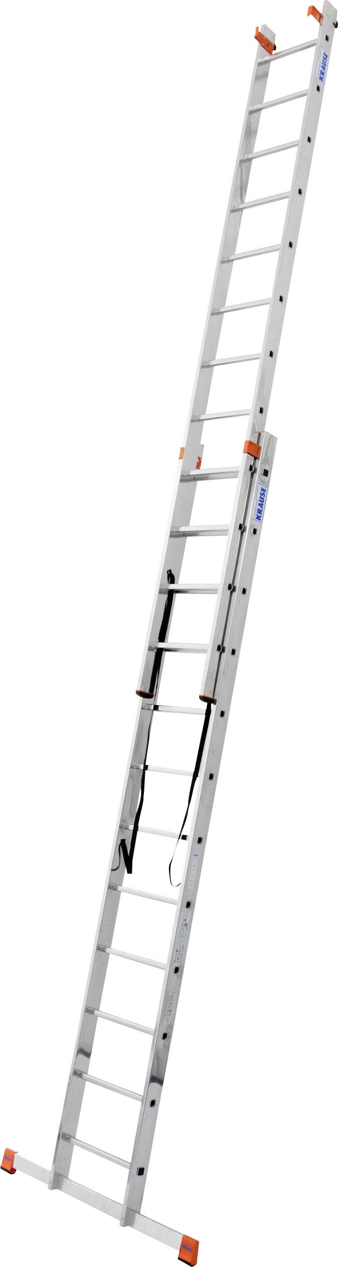 Una lunga scala in alluminio con gradini antiscivolo ed elementi di sicurezza arancioni su entrambi i lati.