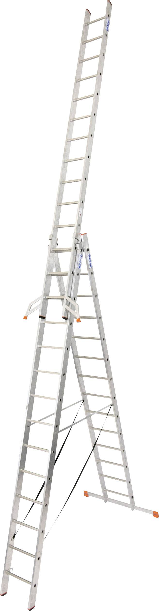 Scala in alluminio argentata, estensibile, montata in un telaio a forma di A, su sfondo bianco.