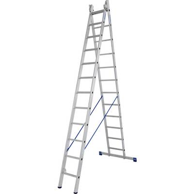 Scala a libro bianca con montanti blu, dispiegata a forma di A, in posizione verticale.