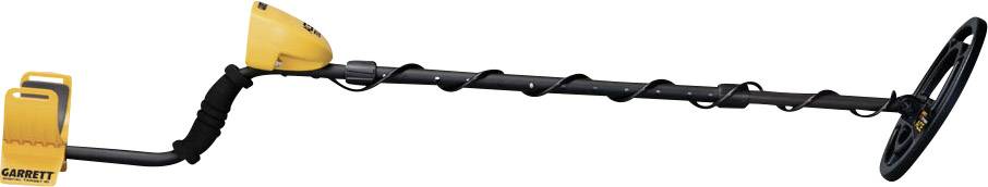Un metal detector giallo con un'asta nera e una bobina di ricerca circolare. Ha un manico imbottito per una manipolazione comoda.