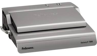 Rilegatore argentato della marca Fellowes, modello 'Galaxy 500', con leva laterale per attivare la funzione di rilegatura.