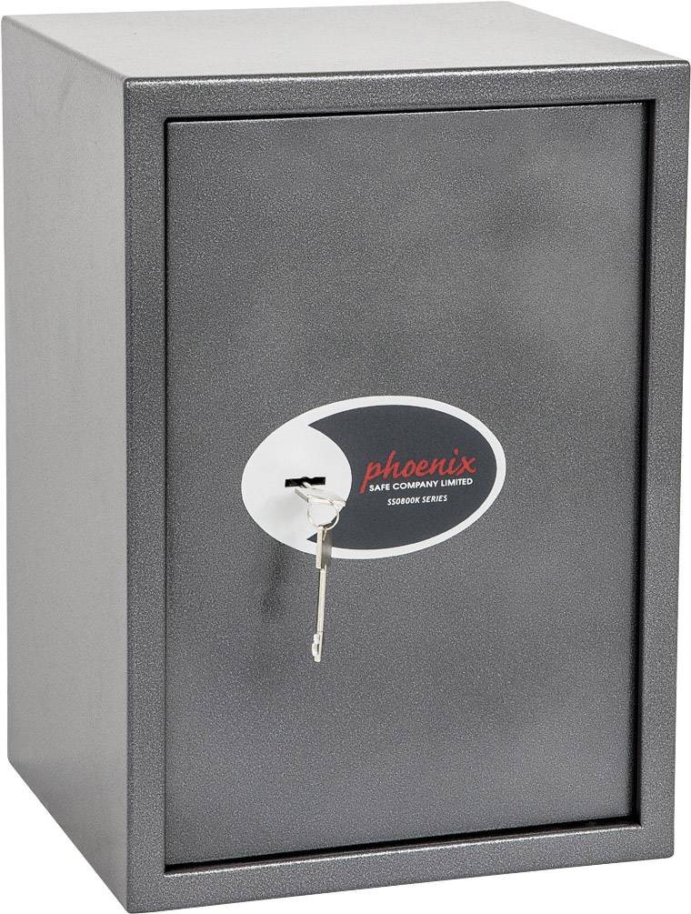 Cassaforte nera con chiave inserita nella serratura. Sulla porta è scritto 'Phoenix Safe Company Limited'.