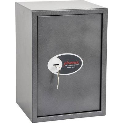 Cassaforte nera con chiave inserita nella serratura. Sulla porta è scritto 'Phoenix Safe Company Limited'.