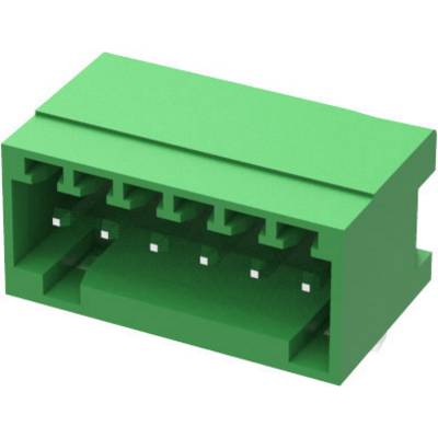 Connettore elettrico verde, rettangolare, per montaggio su scheda a circuito stampato con più aperture di contatto.