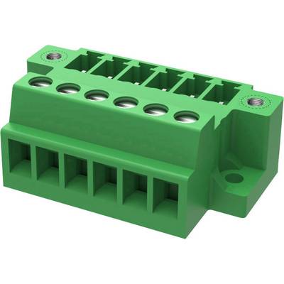 Un connettore verde, rettangolare, con più porte e fissaggi a vite per connessioni elettroniche.