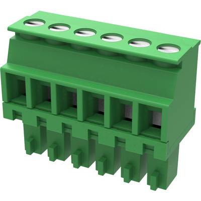 Connettore elettrico verde con cinque fori di connessione e morsetti. Adatto per connessioni di cavi in dispositivi elettronici.