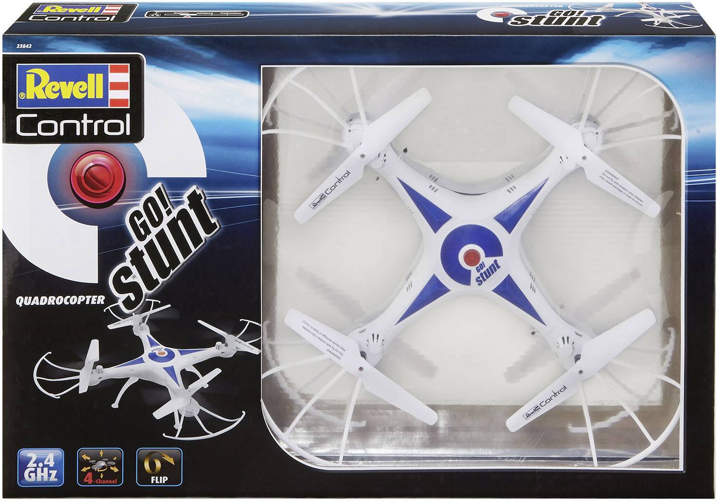 Un imballaggio per un quadricottero radiocomandato Revell Control, modello 'Go! Stunt' con tecnologia 2,4 GHz e funzione flip.