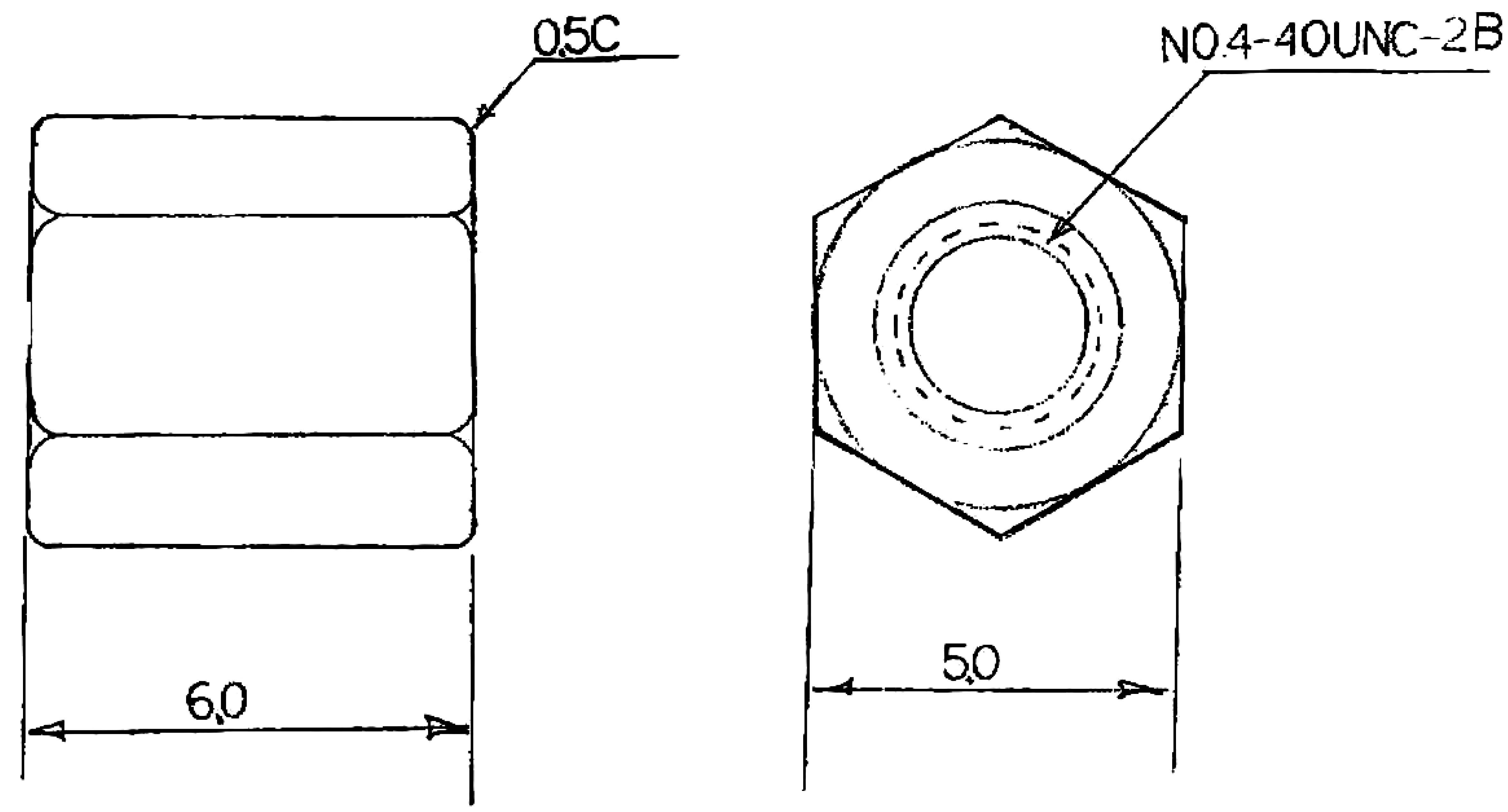 Disegno tecnico di un componente esagonale con etichette 'Ø5C' e 'N0.4-40UNC-2B'. Dimensioni indicate di 6,0 e 5,0.