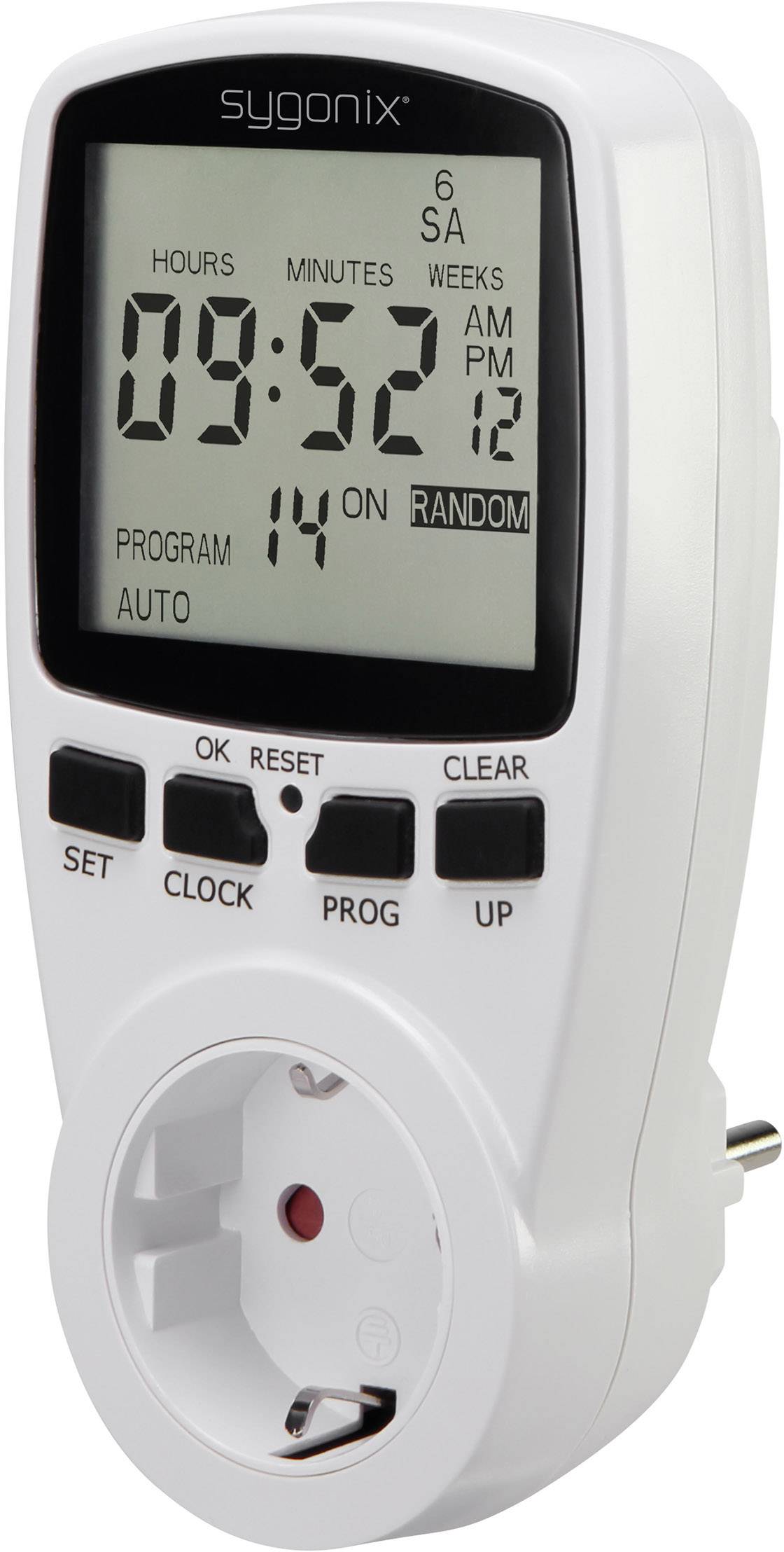 Orologio digitale programmabile con display che mostra '9:52 AM' e 'Programma 14 ON', tasti di controllo e presa elettrica per dispositivi elettrici.