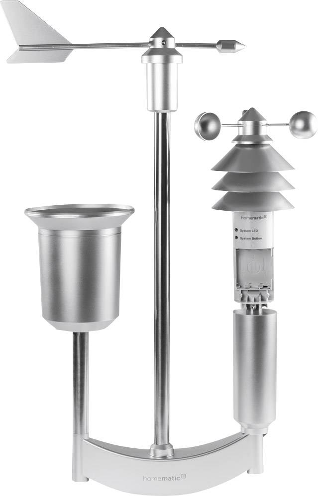 Sensore metallico per dati meteorologici con banderuola, pluviometro e anemometro, montato su un supporto.