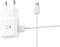 Un caricabatterie bianco Samsung con porta USB e cavo rimovibile, adatto per la ricarica rapida di dispositivi compatibili.