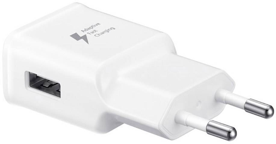Caricabatterie USB bianco con due porte e la scritta 'Adaptive Fast Charging'.