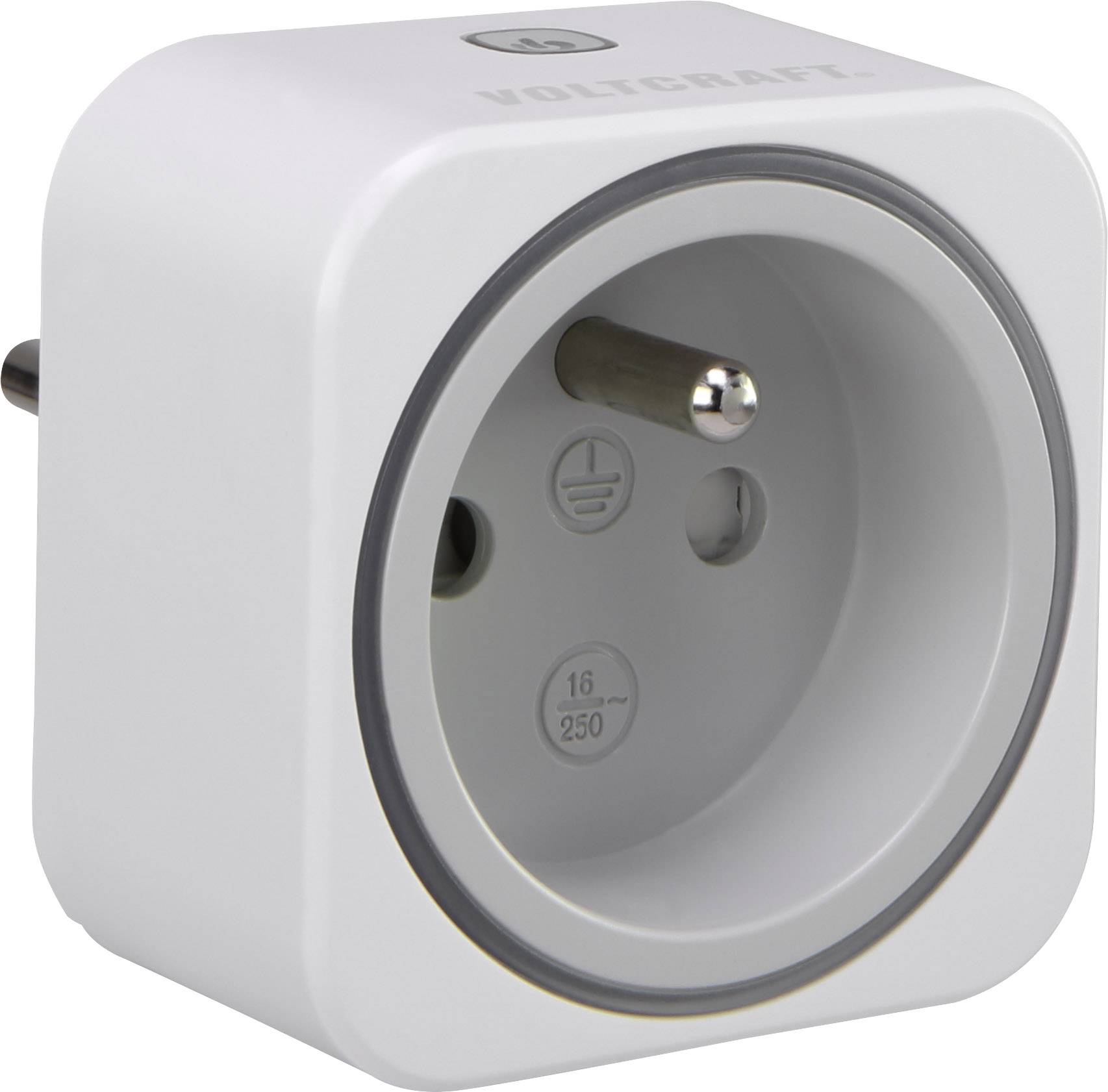 Adattatore a spina quadrato, bianco, con un'apertura rotonda per spine EU, adatto per 16A e 250V, marca Voltcraft.