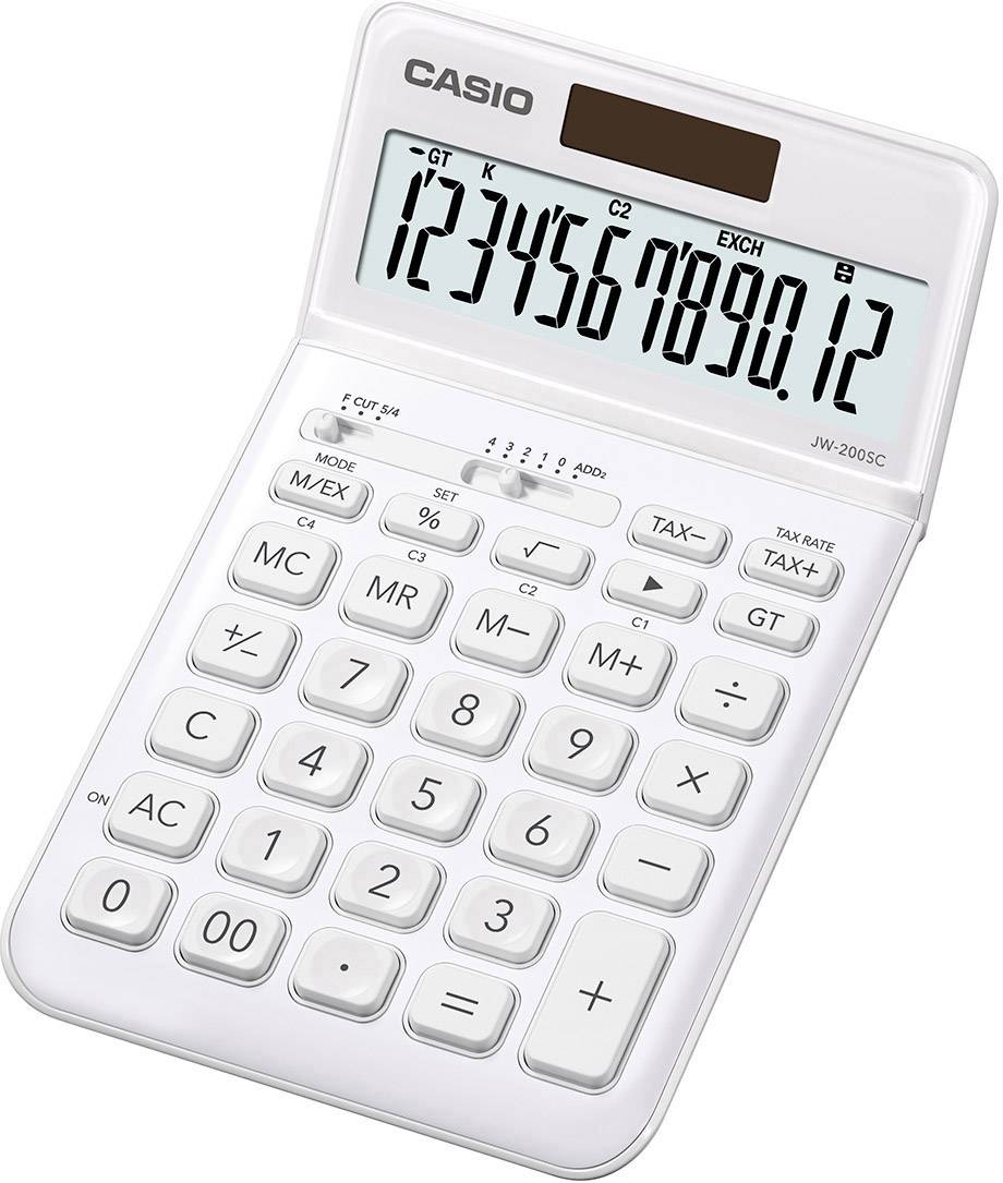 Un calcolatore bianco con celle solari che mostra i numeri 1234567890,12. I tasti includono operazioni aritmetiche standard.