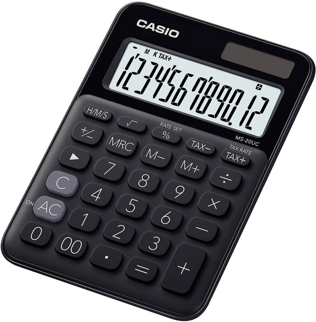 Un calcolatore nero con cella solare, che mostra la sequenza numerica '1234567890,12' sul display. Il marchio 'CASIO' è visibile.