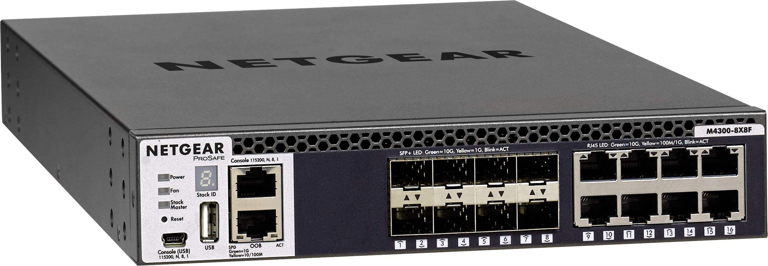 Switch di rete Netgear con diverse porte Ethernet e LED per l'indicazione dello stato. Numero modello: M4300-8X8F.