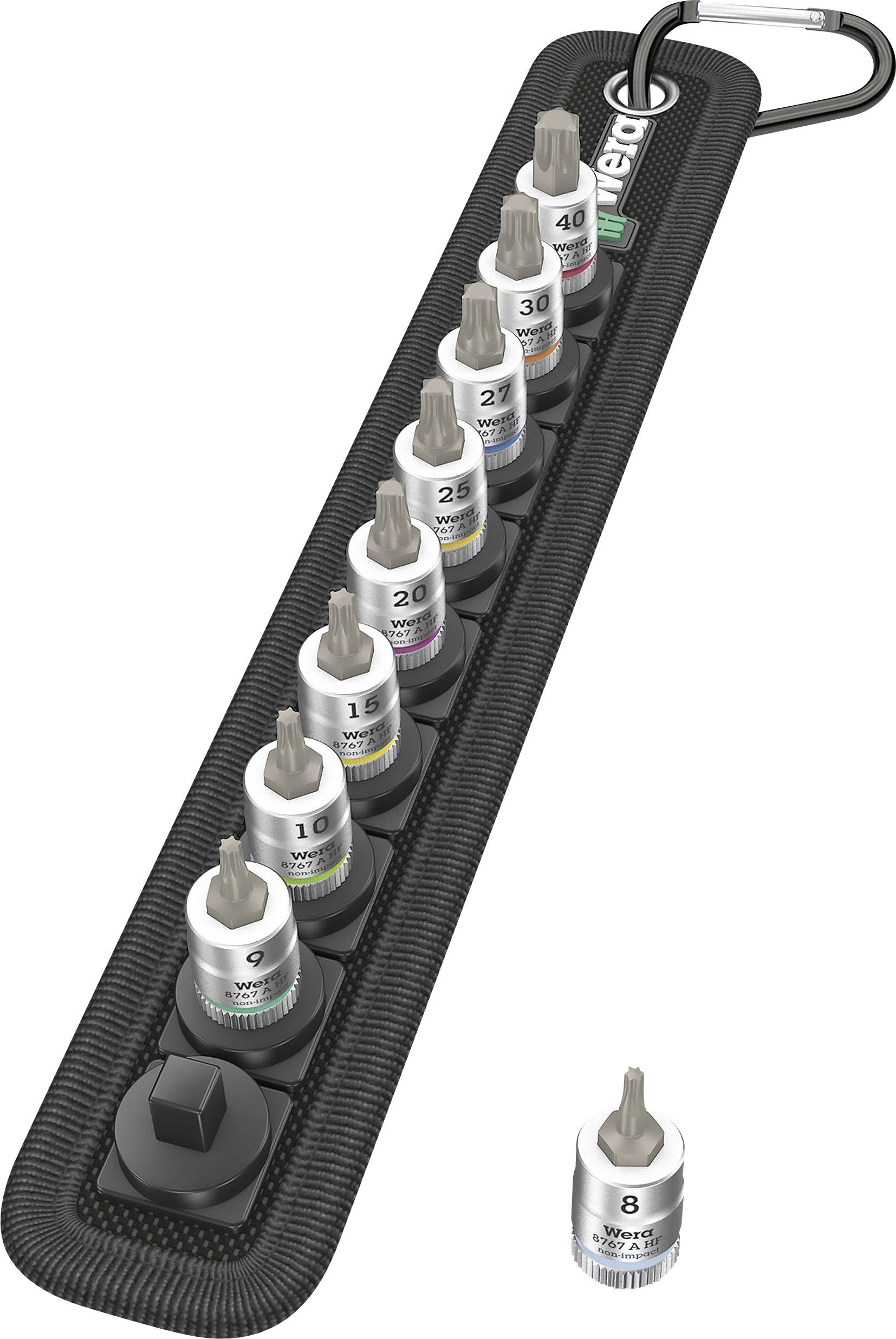 Un set di otto inserti per cacciavite in un supporto, numerati da 2 a 30, con colori diversi per le varie dimensioni.