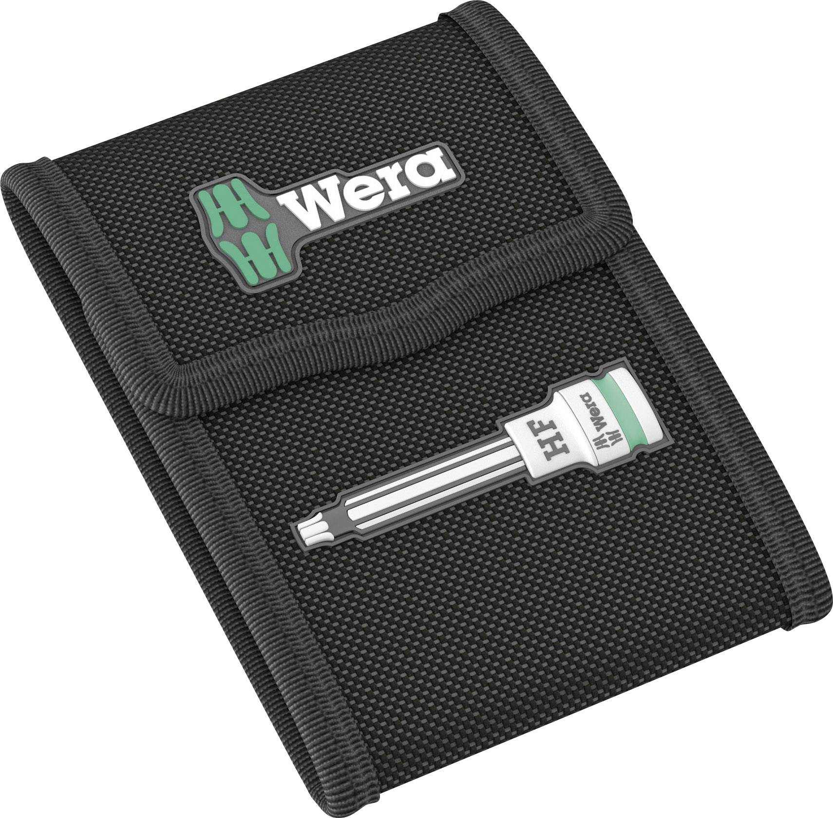Borsa porta attrezzi nera di 'Wera' con logo verde e nero e immagine di un bit sul lato anteriore.